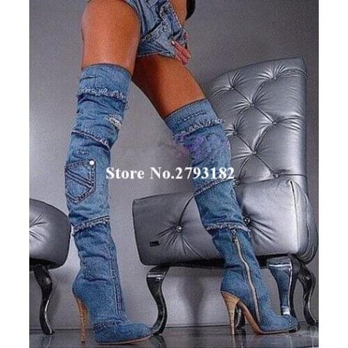 Women Sexy Blue Denim Over Knee Gladiator Boots Slim Style Long Jean High Heel Boots Fringes Boots Real Pictures