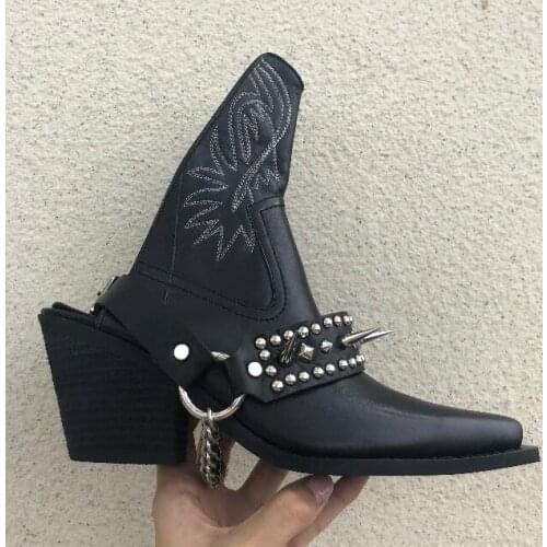 Moraima Snc Newest Real Leather Thick Heels Woman Shoes Square Toe Rivets Studded Mules Shoes Summer Runway High heel Shoes