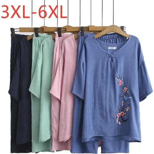 New 2021 Ladies Summer Plus Size Women Cotton Floral Embroidery Short Sleeve T-Shirt And Pants Two Piece Sets 3XL 4XL 5XL 6XL