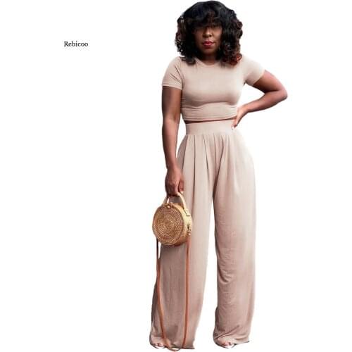 Women Casual Two Pieces Sets Solid Color Short Sleeve O-Neck Crop Top and Pleated Wide Leg Pants 2 Piece Set Suits Outfits