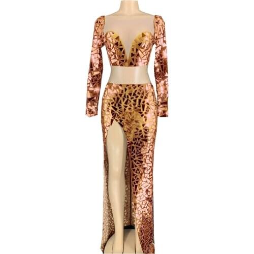 Shining Mirrors Transparent Crop Top Long Skirt 2 Pieces Suit Women Birthday Celebrate Party Dress Bar Prom Outfit Dance Costume