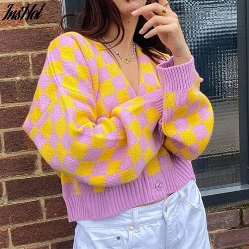 Yellow Purple Plaid Knitted Cardigan Sweater Women Casual Oversized Sweaters Vintage Breasted V Neck Jumper Top Autumn Winter