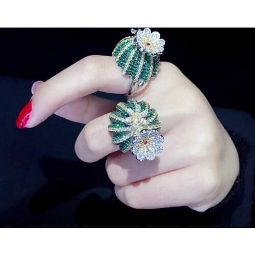 Casual sporty index finger ring cactus flower plant ring big fine women jewelry 925 sterling silver pave stone free shipping