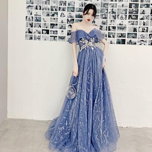 Blue Off Shoulder Sexy Queen Evening Party Sequins Dress Formal Exquisite Dress Women Princess Dream Prom Gown Dresses Vestidos