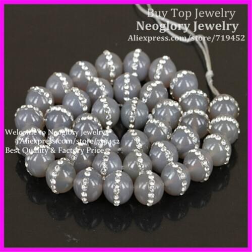 1strand Natural Gems Grey Stone Loose Round Beads with Rhinestone,Sparkling Rhinestone 10mm Jewelry DIY Findings