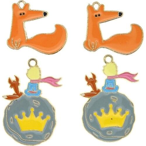 10pcs B612 Planet The Little Prince and His Fox Cute Crown Enamel Animals Charm For Metal Earring Bracelet DIY Jewelry Making