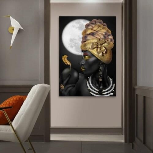 African Woman Canvas Painting Golden and Black Women Posters And Prints Scandinavian Wall Decor Art Pictures For Home Design