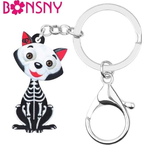 Bonsny Acrylic Halloween Skull Skeleton Cat Kitten Key chains Rings Bag Car Wallet Decoration Keychain Women Girl Gift Accessory