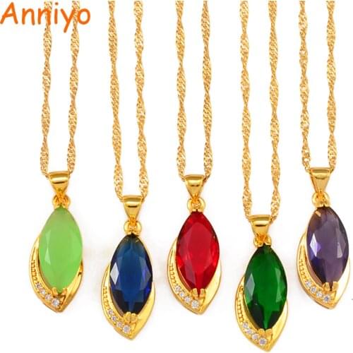 Anniyo Colorful Stone Necklaces Women Girls,Crystal & Cubic Zirconia Charm Red Green Blue Purple Pendant Chains Jewelry #200725