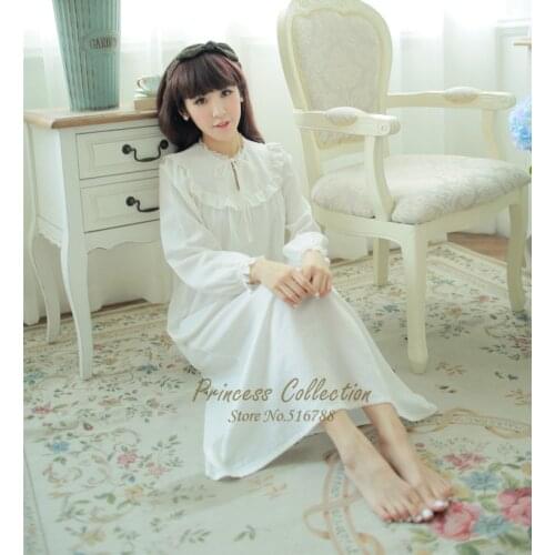 Free Shipping 2016 New Spring 100% Cotton Princess Nightdress Royal Pyjamas Womens Long Nightgown White Sleepwear