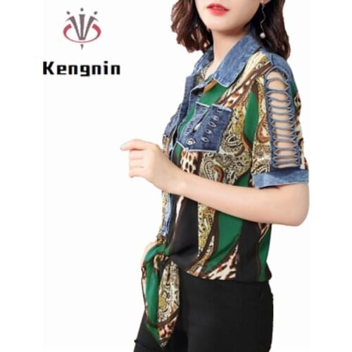 Fashion Woman Blouses 2021 Summer Denim Chiffon Patchwork Women Blouse Print Leopard Female Tops Loose Short Sleeve Shirt KE1389