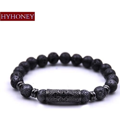 HYHONEY Brass Metal Micro Pave Cubic Zirconia CZ Tube Bracelet Strand 8MM Lava Natural Stone Stretch Bracelet men Jewelry