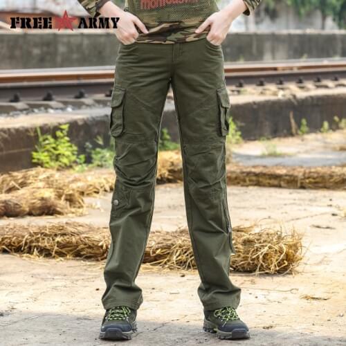 Military Green Pants Women Mid-Waist Pockets Straight Outdoors Pants Winter Cotton Trousers Work Wear Pleated Zipper Freeshiping