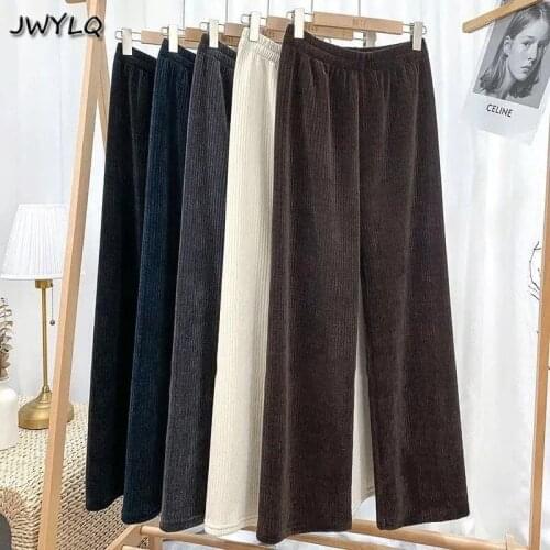 Korean Style Corduroy Wide Leg Pants Women Loose Straight Leg Pants Large Size Office Elegant Elastic High Waist Drape Trousers