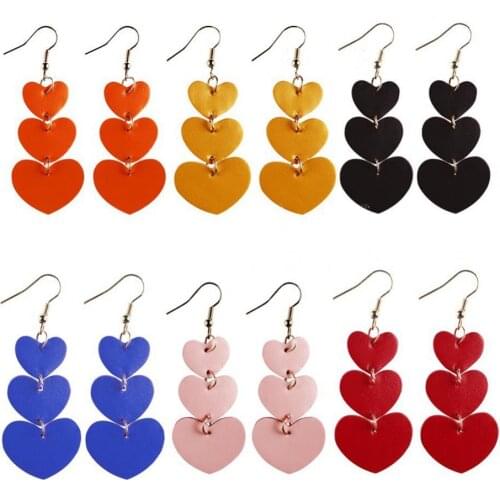 Women 3 Layers Love Heart Dangle Faux Leather Hook Earrings Valentine Day Gift
