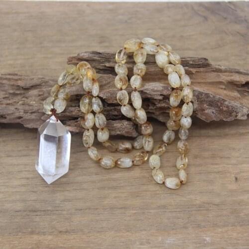 Natural Quartzs Double Point Pendants Citrines Nugget Chip Beads Knotted Handmade Yoga Necklace Mala Jewelry Wholesales,QC0126