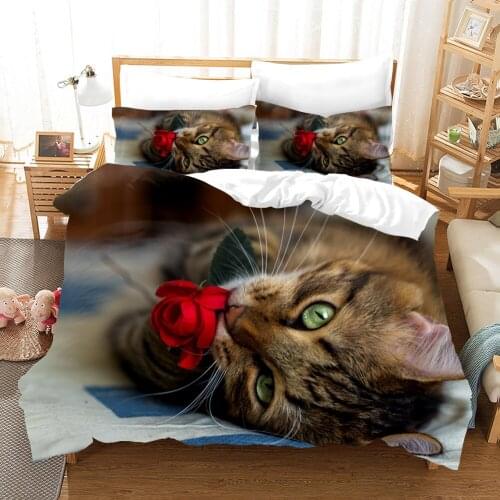Cute Cat With Flower Bedding Set For Kids Adults Home Textile Quilt White Duvet Cover Pillowcase Bed Sets 2/3pcs
