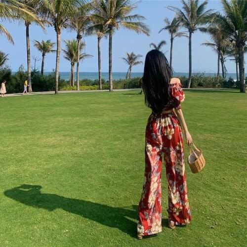 Seaside holiday style printed two-piece one-shoulder short jacket women summer high-waist wide-leg trousers super fire suit
