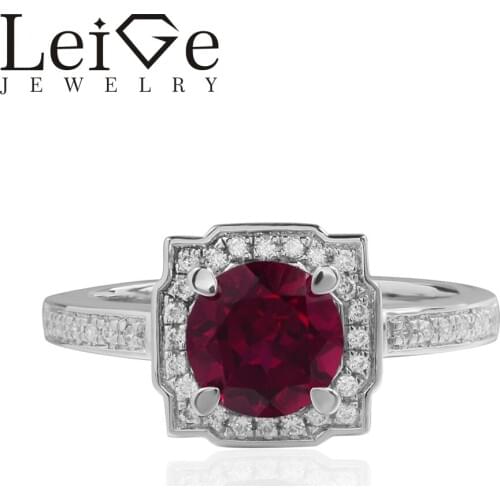 Leige Jewelry Lab Ruby Rings Red Gemstone Round Cut Halo Promising Rings For Woman 925 Sterling Silver July Birthstone Ring