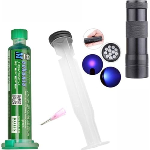 MECHANIC 10ML GREEN UV SOLDER MASK PCB BGA PAINT PREVENT CORROSIVE ARCING Soldering Welding Fluxes Oil+ UV curing light