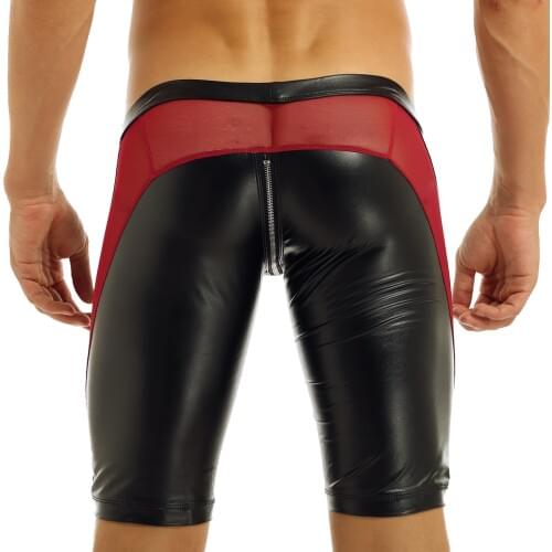 Mens Latex Compression Sex Shorts Soft Faux Leather Zipper Crotch Mesh Splice Low Rise Slim Fit Tight Catsuit Sexy Boxer Shorts