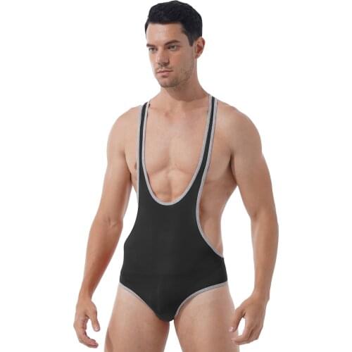 Mens Lingerie Fitness Wrestling Singlet Bodysuit Underwear Stretchy Deep U-Neck Sleeveless Leotard Sport Skinny Jumpsuits
