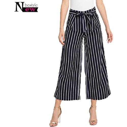 New Women Wide Leg Pants Summer Mid Waist Loose Pants Stripe Bow Tie Sash Pants Zipper Fly Trousers Chic Streetwear Casual Pants