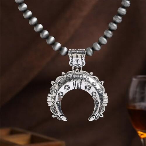 2018 New Antique Silver necklace Bohemian Style Men Women Crescent Moon Pendant Necklace Gray African Beads Vintage Jewelry