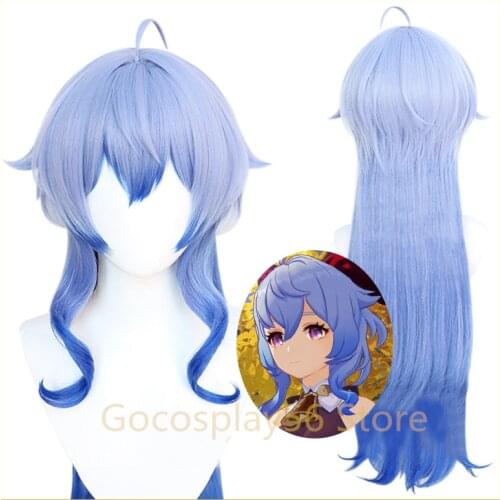 Genshin Impact GANYU Cosplay Wig Gradient Blue 80cm Long Curly Temples Wavy Heat Resistant Hair Adult Halloween Role Play