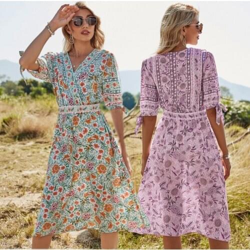 Spring Summer Sweet Flower Pattern Ladies Dress Fashion V-Neck Short Sleeve Dress Dubai Holiday Style Print Midi Dresses Loose
