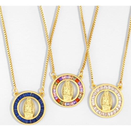FLOLA Gold Holy Virgin Mary Necklaces For Women Round Crystal Rainbow Pendant Necklace Zirconia Christian Jewelry Gifts nker21