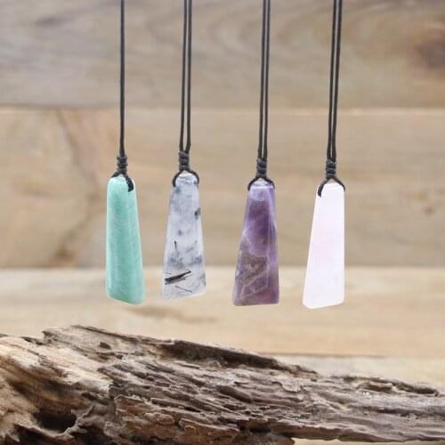 Reiki Healing Chakra Amazonite Amethysts Slice Pendants Hide Rope Necklaces,Natural Rutilated/Rose Quartzs Women Jewelry,QC3063