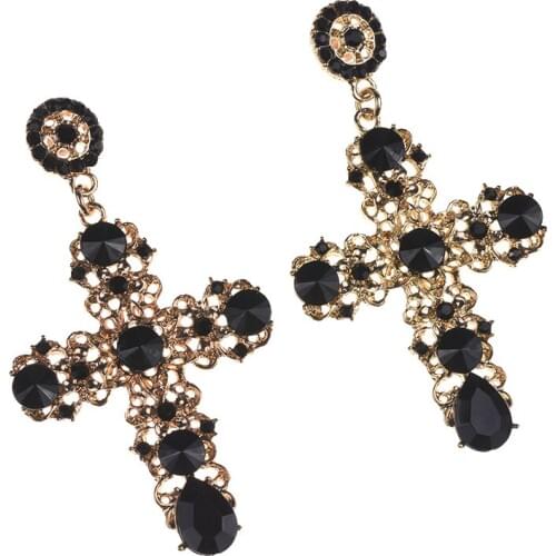 PPG&PGG 2019 New Vintage Black Crystal Cross Drop Earrings for Women Baroque Bohemian Large Long Earrings Jewelry Wholesale