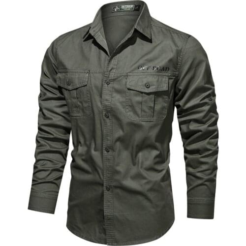 Mens Tactical Military Shirt Khaki Mens Shirts Vintage Jacket Cotton Casual Slim Fit with Pocket Long Sleeve Army Shirts 4XL