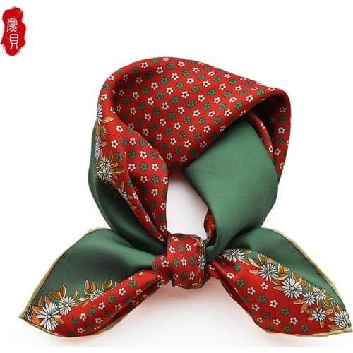 Retro red green small scarf women with flowers 100% real silk twill hair band 50cm square scarves spring summer headscarf lady