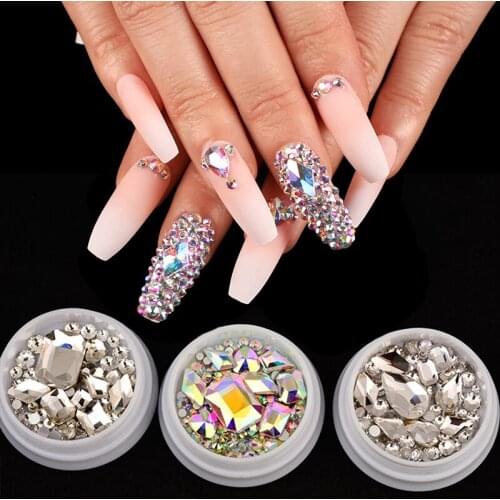 1 Box of Mixed Design Rhinestone Diamond Flat Bottom Rhinestone Glitter Glass Nail Art Crystal 3D Nail Art Decoration