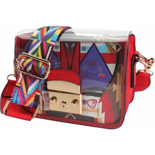 Transparent Panelled Hard Pu Leather Women Shoulder Bag Colorful Wide Strap Crossbody Bags Fashion All-Match Elegant Ladies Flap