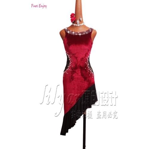 Women Short sleeve Latin Dress Girls red Velvet Rhinestones Latin Ballroom Tango Modern Rumba Cha Cha Salsa tassel Dance Costume