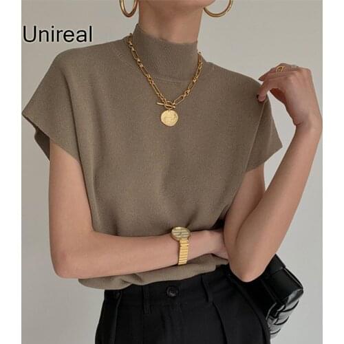 Unireal 2021 Summer Streetwear Women Knitted T-shirt Fashion Short Sleeve T Shirt Turtleneck Tshirts Female Tops