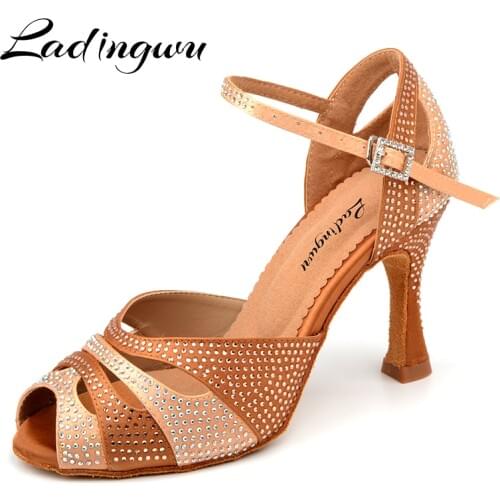 Ladingwu 2018 New Glitter Rhinestone Latin Dance Shoes Women Satin Salsa Dancing Shoes For Woman Tango Ballroom Shoes For Dacne
