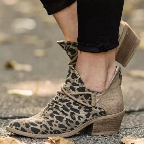 2020 Autumn Leopard Women Ankle Boots Square Heel Slip on Women Female High Heels Single Shoes Pointed Toe Casual Ladies Shoes