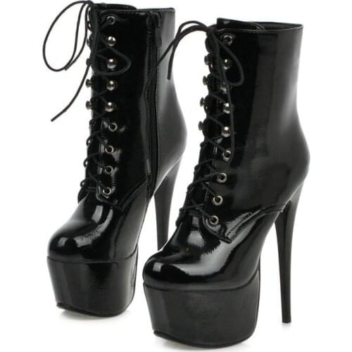 Women PU Leather Martin Boots Fashion Platform Zipper Ankle Boots 15CM Sexy Super High Heel Woman Boots Winter Round Toe Shoes