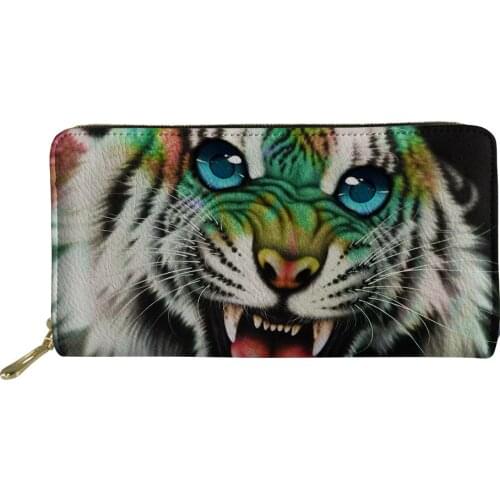 Women Coin Purses PU Leather Casual Long Wallets Tiger Roar Print Zip Around Card Wallet Ladies Handy Travel Clutch Money Bag