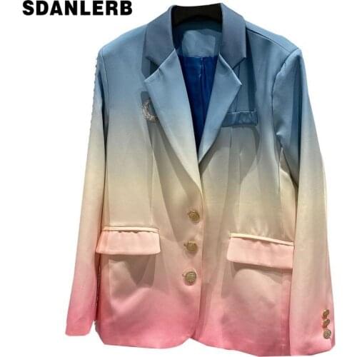 2021 Spring Autumn Femme Blazer New Fashion Crescent Embroidery Gradient Color Double Pocket Long Sleeve Suit Jacket for Women