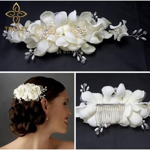 TREAZY Women Bridesmaid Bridal White Flower Hair Comb Hairpins Wedding Hair Accessories Handmade Headpiece Veil Jewelry