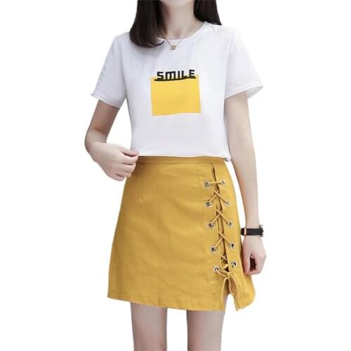 Vetement femme Women Suit Short Sleeve O Neck T-shirt Top High Waist A Line Side Strap Skirt Outfit Set Summer Женский костюм