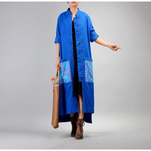 Women Autumn Spring Patchwork Cotton Linen Trench Coat Ladies national Style Single Breasted Long Coat Overcoat Outwear Female