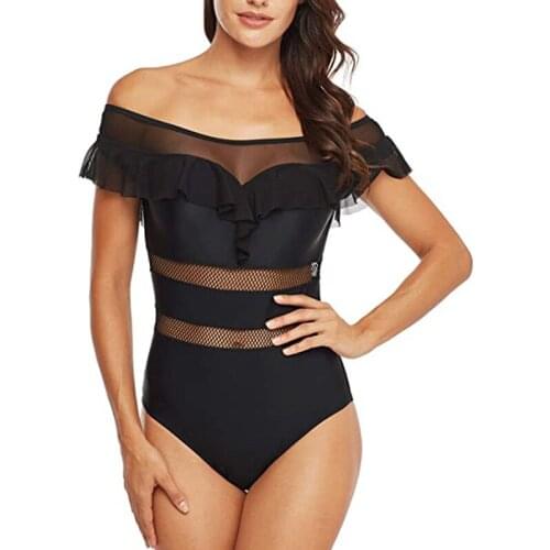Womens Cute Ruffle Off The Shoulder One Piece Swimsuit Mesh Patchwork Monokini Solid Swimwear Female Bathing Suit Swim Wear XL