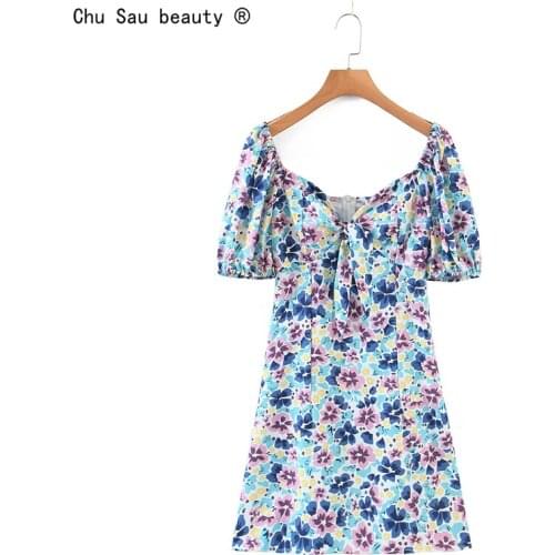 French Vintage Knotted Square Collar Summer Puff Sleeve Floral Print Dress High Waist Slim Sweet Women Dress Zipper Vestido