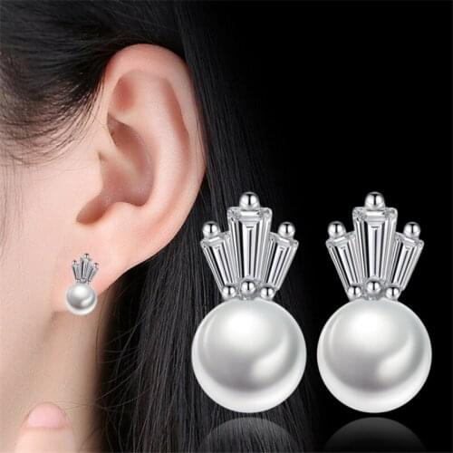 1 Pair Womens Elegant Inlaid AAA Zircon Crown Temperament Pearl Ear Stud Earrings Ladies Fashion Jewelry E0761